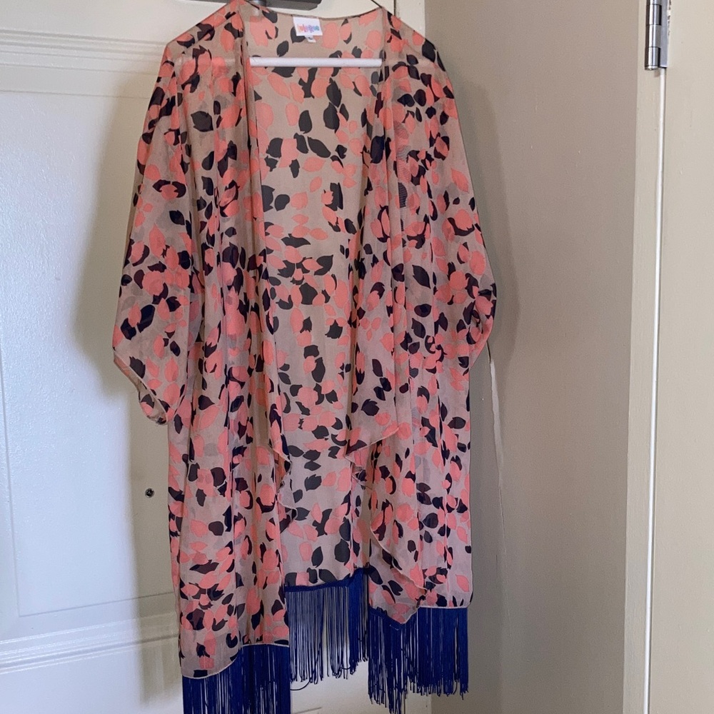 LuLaRoe Pink and Navy Printed Fringe Kimono